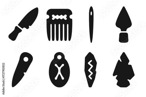 Ancient Bone Tools Icons. Solid, filled icon set of bone tools: bone knife, carved comb, bone needle, spear tip, bone whistle, charm pendant, engraved shard,