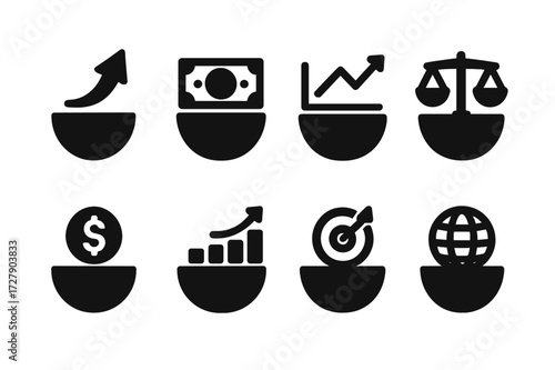 Mutual Fund Icons. Solid, filled icon set of mutual fund types: equity fund, bond fund, index fund, balanced fund, money market fund, sector fund, target date