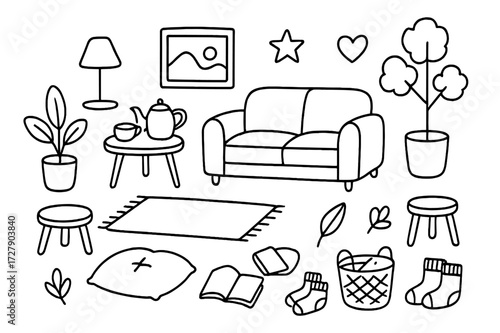 Cozy Living Room Doodle. Hand-drawn doodle illustration casual living room setup floor pillow, rug, side table, sofa, lamp, tea set, book, framed art, potted