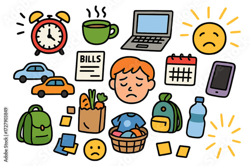 Daily Life Doodles. Life moments. Colorful Hand-drawn doodle Children illustration Alarm clock, coffee cup, laptop, traffic, bills, grocery bag, tired face,