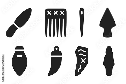 Ancient Bone Tools Icons. Solid, filled icon set of bone tools: bone knife, carved comb, bone needle, spear tip, bone whistle, charm pendant, engraved shard,