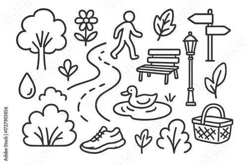 City Park Doodle. Hand-drawn doodle illustration city green spaces park map, path, tree, flower, bench, bush, water droplet, pond, duck, lamp post, signpost,