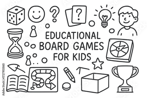 Educational Board Games Icons. Hand-drawn doodle illustration [educational board games for kids] [dice, game board, cards, tokens, children, smiley face,