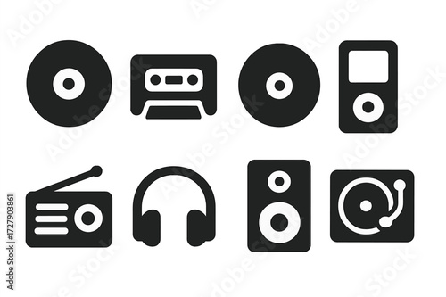 Music Playback Icons. Solid, filled icon set of music playback devices: vinyl record, cassette tape, CD, MP3 player, radio, headphones, speaker, turntable.