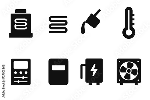 Industrial Icon Set. Solid, filled icon set of industrial induction: induction furnace, metal heating coil, molten metal, temperature gauge, control panel,