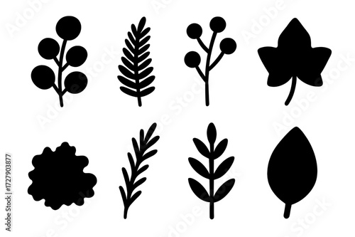 Corsage Plant Icons. Solid, filled icon set of corsage plants and foliage: eucalyptus, fern leaf, baby?s breath, ivy, moss, rosemary sprig, myrtle, magnolia