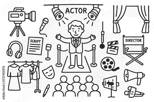 Stage Essentials Doodle. Hand-drawn doodle illustration Actor under lights Stage lights, microphone, camera, director?s chair, script, clapperboard, costume