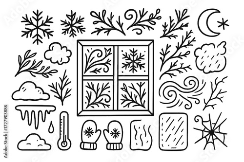 Frosty Window Doodle. Hand-drawn doodle illustration frost on windows creating beautiful patterns frosty windowpane, snowflake, ice crystal, swirling frost,