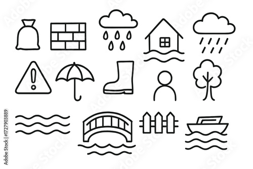 Flood Protection Doodles. Hand-drawn doodle illustration Flood protection sandbag, wall, levee, house, tree, warning sign, raindrop, umbrella, boot, person