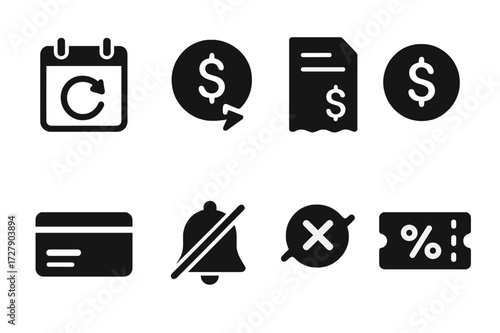 Subscription Billing Icons. Solid, filled icon set of subscription billing: calendar renewal, auto-pay, invoice, dollar sign, credit card, cancel subscription,
