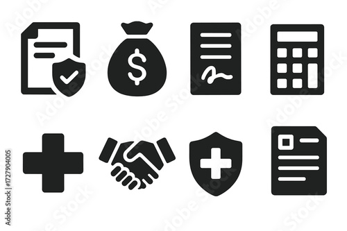 Insurance Icon Grid. Solid, filled icon set of insurance settlement: insurance policy, money bag, contract, shield, calculator, medical cross, handshake, claim