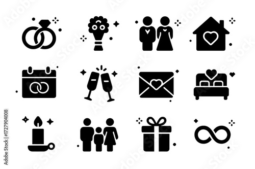 Marriage Bond Icons. Marriage bond. Solid icons set of marriage bond: wedding rings, bouquet, bride and groom, house with heart, calendar, champagne glasses,