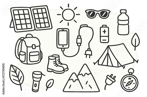 Outdoor Adventure Essentials. Hand-drawn doodle illustration portable solar charger solar panel, backpack, phone, cable, battery, sun, sunglasses, water