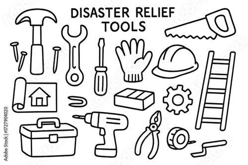 Disaster Relief Tools Icons. Hand-drawn doodle illustration Disaster relief tools hammer, wrench, screwdriver, saw, pliers, tape measure, nails, ladder,