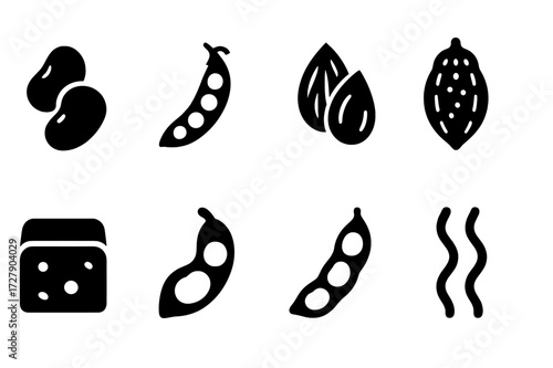 Plant Protein Icons. Solid, filled icon set of plant-based protein sources: beans, peas, nuts, seeds, seitan, soybeans, edamame, spirulina. Solid, filled icons