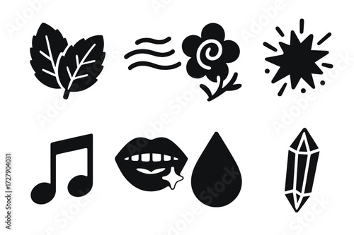 Mint Aroma Icons. Solid, filled icon set of mint flavor and aroma: fresh leaf, cool breeze, aromatic scent, herbal burst, sweet note, refreshing taste,
