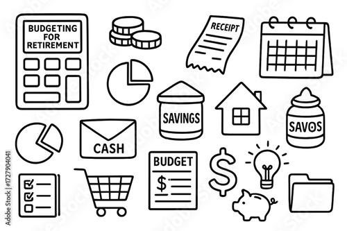 Retirement Budget Doodle. Hand-drawn doodle illustration budgeting for retirement calculator, coins, receipt, calendar, pie chart, cash envelope, savings jar,