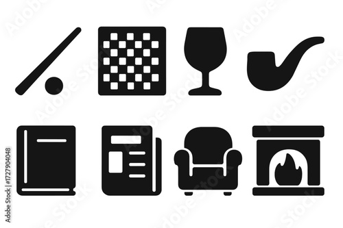 Gentleman Leisure Icons. Solid, filled icon set of gentleman leisure: billiards cue, chessboard, wine glass, pipe, book, newspaper, armchair, fireplace. Solid,