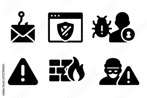 Online Fraud Icons. Solid, filled icon set of online fraud: phishing email, fake website, malware virus, hacked profile, red alert, broken firewall, masked