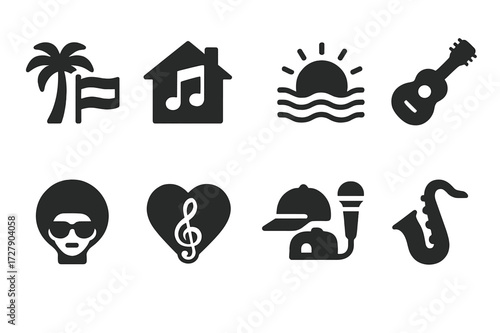 Music Genre Icons. Solid, filled icon set of vibes music genres: reggae, house, chillwave, indie, funk, soul, hip hop, jazz. Solid, filled icons in only black