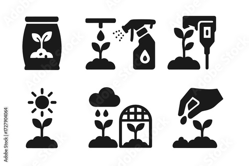 Organic Plant Care Icons. Solid, filled icon set of organic bean plant care: natural fertilizer, drip irrigation, pest control spray, soil testing kit, sun,