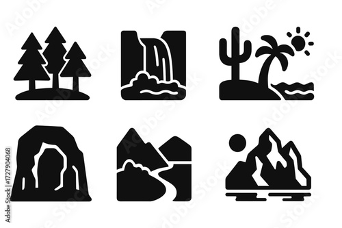 Nature Icons Collection. Solid, filled icon set of natural landscapes: forest, waterfall, desert, beach, cave, valley, hill, glacier. [Line icons in only black