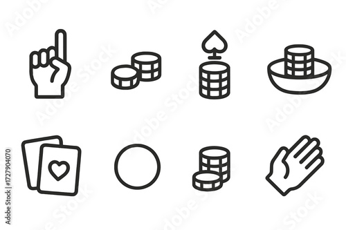 Poker Icon Set. Outline icon set of no limit betting concepts: raise chips, call chips, all-in stack, betting pot, player hand, dealer button, betting chips,