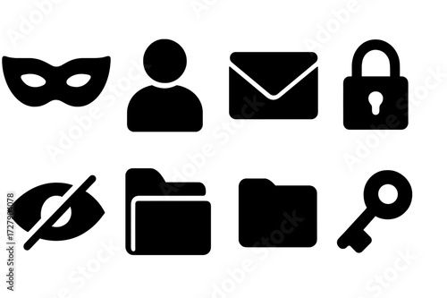 Corporate Anonymity Icons. Solid, filled icon set of corporate anonymity: mask, shadow person, hidden identity, closed envelope, secure lock, blindfolded eye,
