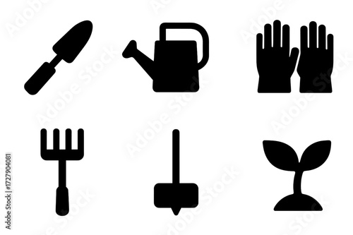 Gardening Tools Icons. Solid, filled icon set of gardening tools: trowel, watering can, seed packet, gloves, garden fork, rake, plant marker, lima bean sprout.