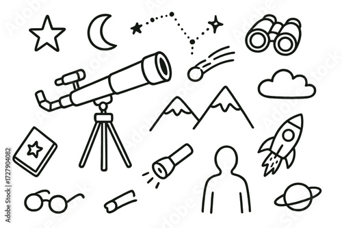 Stargazing Essentials Icons. Hand-drawn doodle illustration stargazing telescope, tripod, star, moon, constellation, comet, binoculars, cloud, mountain,