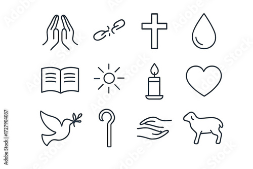 Repentance Icon Set. Repentance. Line icon set of repentance: praying hands, broken chain, cross, tear drop, open Bible, light rays, candle, heart, dove,