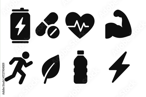 Health & Energy Icons. Solid, filled icon set of health and energy boost: energy drink, vitamin pill, heartbeat, muscle flex, running figure, leaf, water