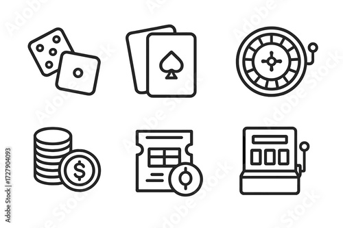 Gambling Tools Icons. Outline icon set of gambling tools: dice, cards, roulette, slot machine, chips stack, coin, lottery ticket, spinner. Line icons in only