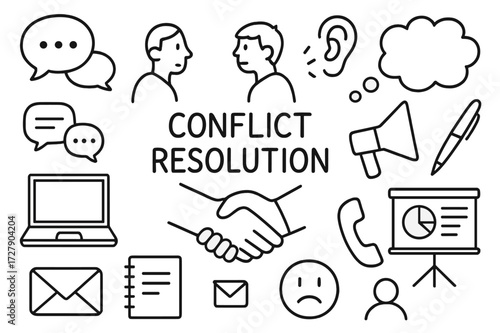 Conflict Resolution Symbols. Hand-drawn doodle illustration Conflict resolution communication, handshake, speech bubble, people talking, thought bubble, ear,