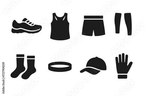 Marathon Gear Icons. Solid, filled icon set of marathon clothing: running shoes, tank top, shorts, compression sleeves, socks, sweatband, hat, gloves. [Line