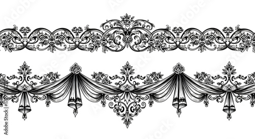 Obraz na plátně Elegant vintage floral borders with ornate scrollwork and draped fabric, perfect for invitations or decor