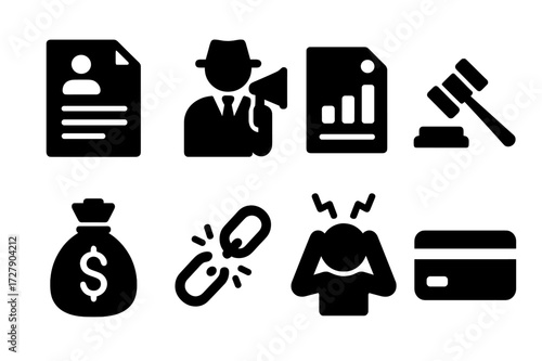Personal Bankruptcy Icons. Solid, filled icon set of personal bankruptcy: legal papers, debt collector, credit report, judge gavel, money bag, broken chain,