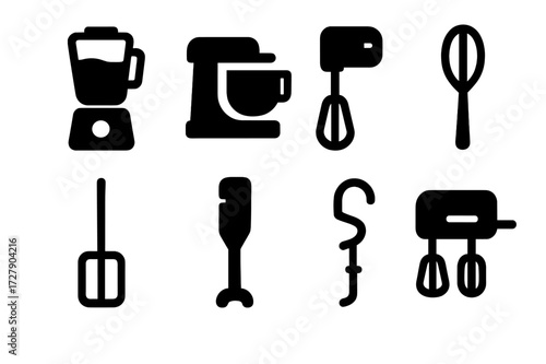 Stirring Equipment Icons. Solid, filled icon set of stirring equipment: blender, food processor, electric whisk, manual whisk, paddle mixer, immersion blender,