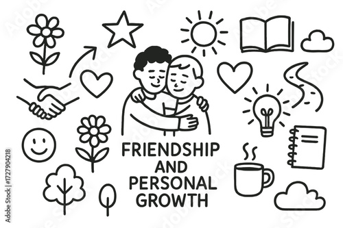 Friendship and Growth Doodles. Hand-drawn doodle illustration Friendship and personal growth [two friends hugging, handshake, heart, star, book, sun, tree,