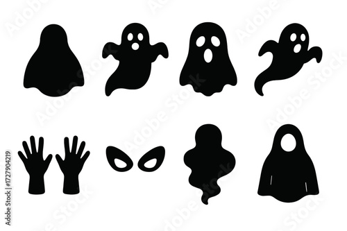 Ghostly Icon Set. Solid, filled icon set of ghostly figures: transparent silhouette, floating spirit, haunted face, ghost trail, spectral hands, eerie eyes,
