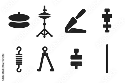 Hi-Hat Icon Set. Solid, filled icon set of hi-hat components: hi-hat cymbals, hi-hat stand, pedal, clutch, tension spring, footboard, cymbal clutch, hi-hat