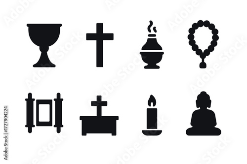 Religious Icon Set. Solid, filled icon set of religious artifacts: chalice, cross, incense burner, prayer beads, sacred scroll, altar, candle, statue. [Line