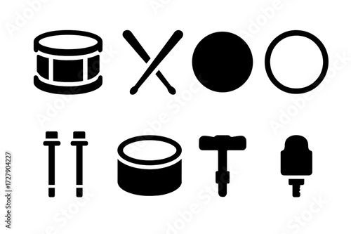 Drum Kit Icons. Solid, filled icon set of drumroll components: snare drum, drumsticks, drumhead, rim, tension rods, drum shell, drum key, drum lug. Solid,