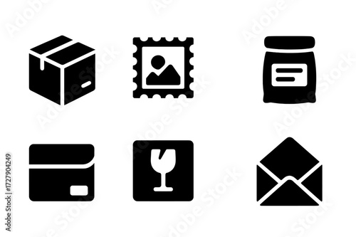 Mini Parcel Icons. Solid, filled icon set of mini parcel: small cardboard box, postage stamp, mailing label, sealed package, courier satchel, fragile sticker,