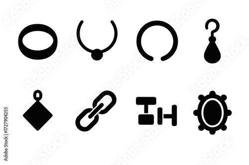 Iron Jewelry Icons. Solid, filled icon set of iron jewelry: iron ring, iron necklace, iron bracelet, iron earring, iron pendant, iron chain, iron cufflink,