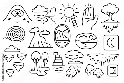 Surreal Landscape Doodles. Hand-drawn doodle illustration Surreal Landscapes eye hills, cloud river, giant hand mountain, sun ladder, mirror lake, spiral