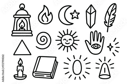 Mystical Symbol Doodles. Hand-drawn doodle illustration enchanted illumination lantern, flame, moon, star, crystal, feather, triangle, spiral, sun, hand, eye,