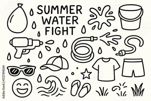 Summer Water Fun. Hand-drawn doodle illustration Summer water fight water balloon, splash, bucket, hose, squirt gun, droplet, sunglasses, cap, shorts, t-shirt,