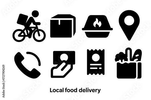 Food Delivery Icons. Solid, filled icon set of local food delivery: bicycle courier, delivery box, food container, map pin, phone order, cash payment, receipt,
