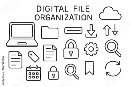 Digital File Management Icons. Hand-drawn doodle illustration [Digital file organization] [laptop, folder icon, cloud, file icon, tag, download arrow, upload